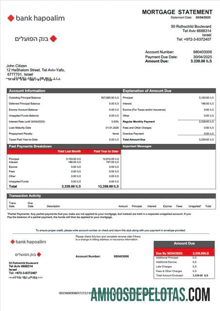 em branco Modelo Word e PDF de declaração de hipoteca do Banco de Israel Hapoalim
